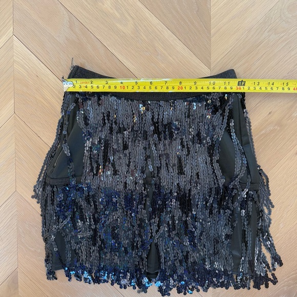 Black & Blue Sequin Fringe over Black Vegan Leather Mini Skirt Size 0-2 - Picture 7 of 9